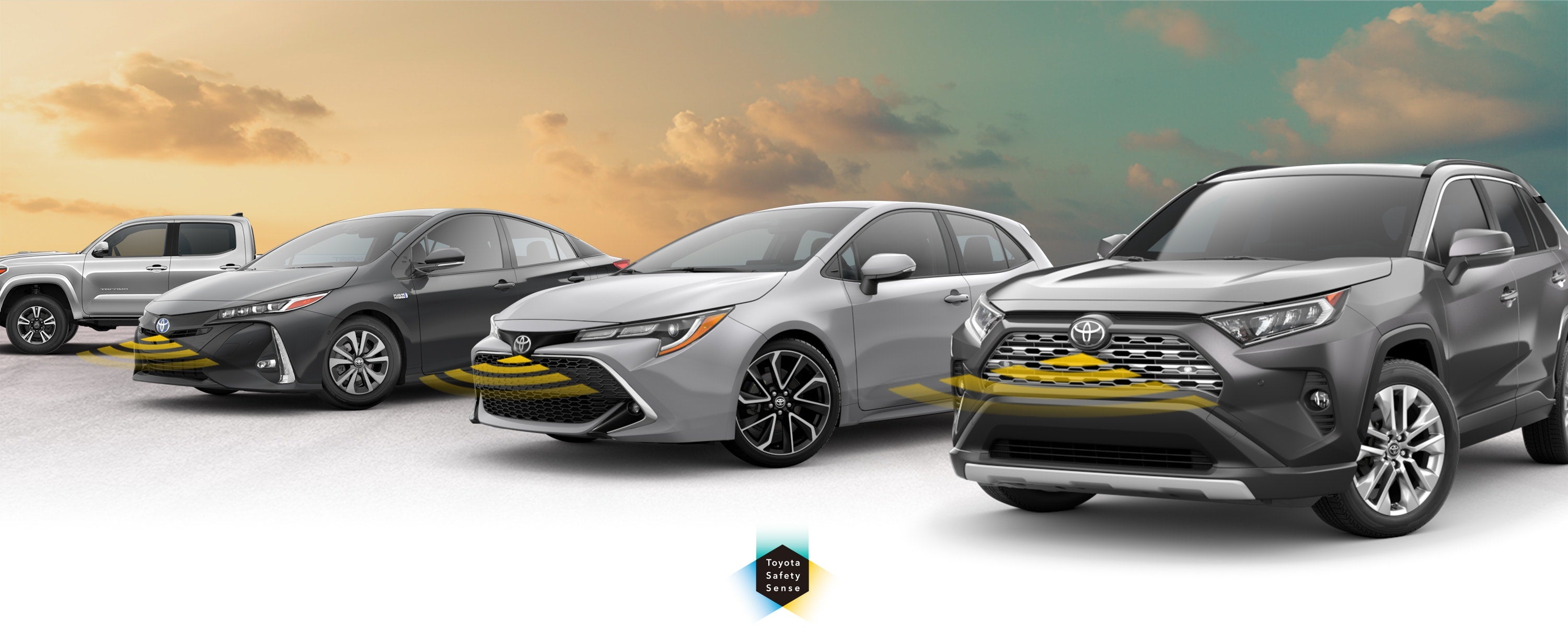 Toyota Safety Sense: Designed for Safety. Options shown on Toyota models including RAV4, Tacoma, and Camry, available now at Bruner Toyota in Early TX.