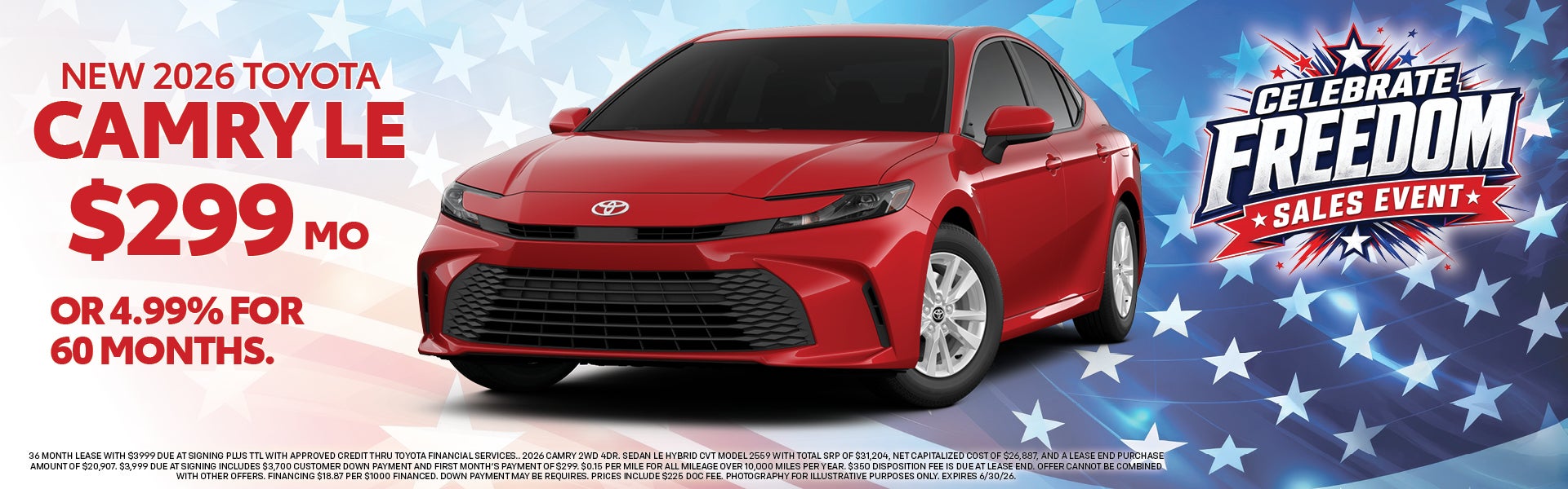 New 2026 Camry LE $299/mo or $4.998% for 60 months